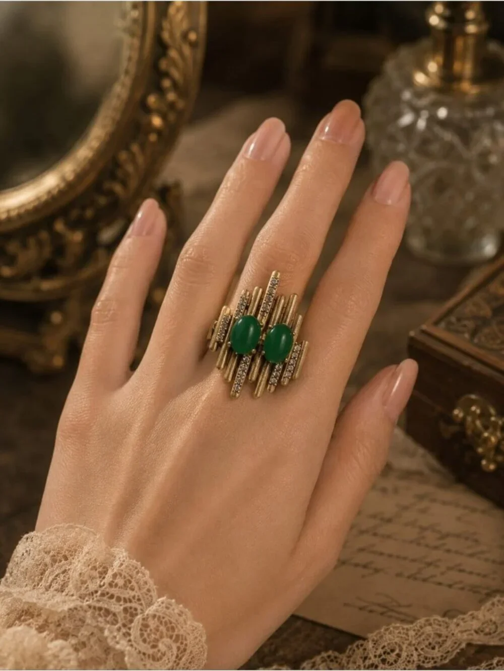 Vintage Gold-Tone Green Stone Statement Ring by